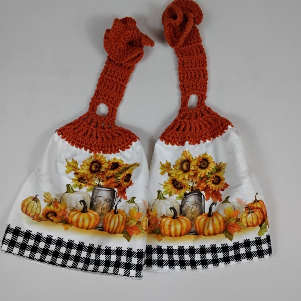 Fall Hanging Kitchen Towels Set of 2 Sunflower Pumpkin Crochet Top Buffalo Plaid